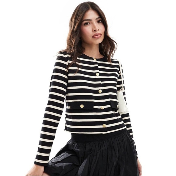 NWT Mango Black Cream Knitted Cardigan Gold Buttons Women’s Size Large Preppy - Picture 1 of 16